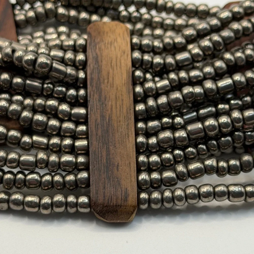 Silver Tone Multi Strand Beaded Wood Stretch Bracelet Boho Artisan Festival